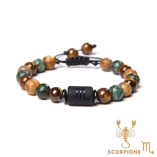 Bracciale Scorpione – Occhio di tigre, turchese, diaspro – Cordoncino regolabile