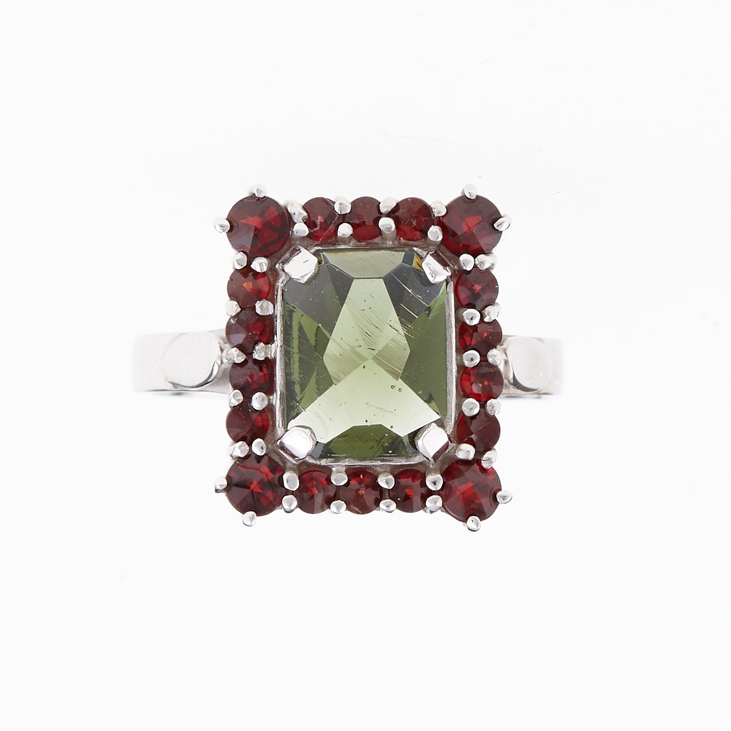 Anello in argento con Moldavite e Granati 001G