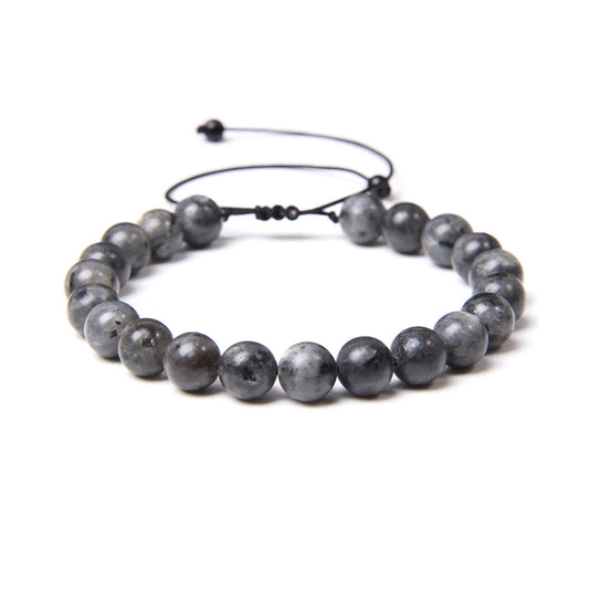 Bracciale con Inclusione di Labradorite – cordino regolabile con pietre sferiche da 8 mm