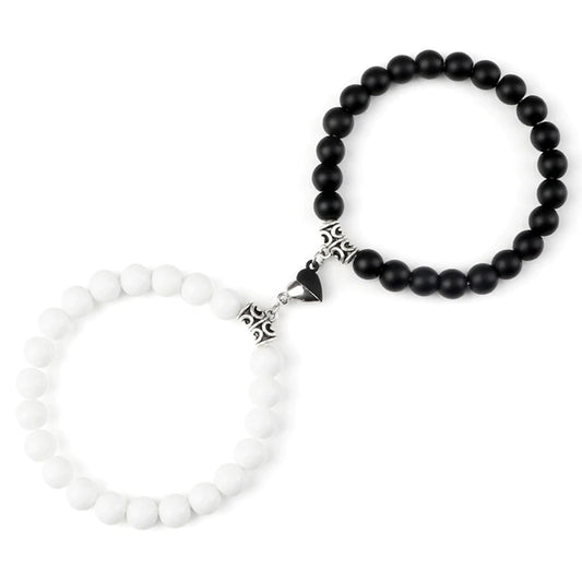 Braccialetti per Coppia – Cuore Yin-Yang – Onice Bianco e Nero Opaco – 19 cm