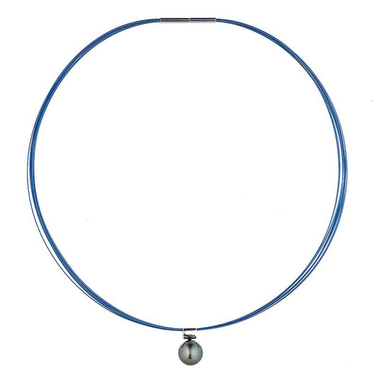 Collana in Acciaio blu con perla rotonda di Tahiti – Chiusura a baionetta